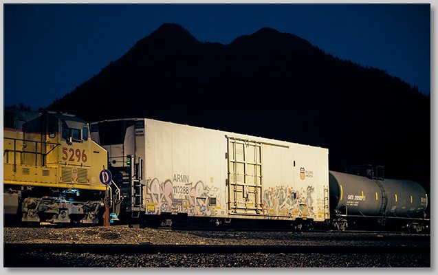 freight cars at night at Black Butte